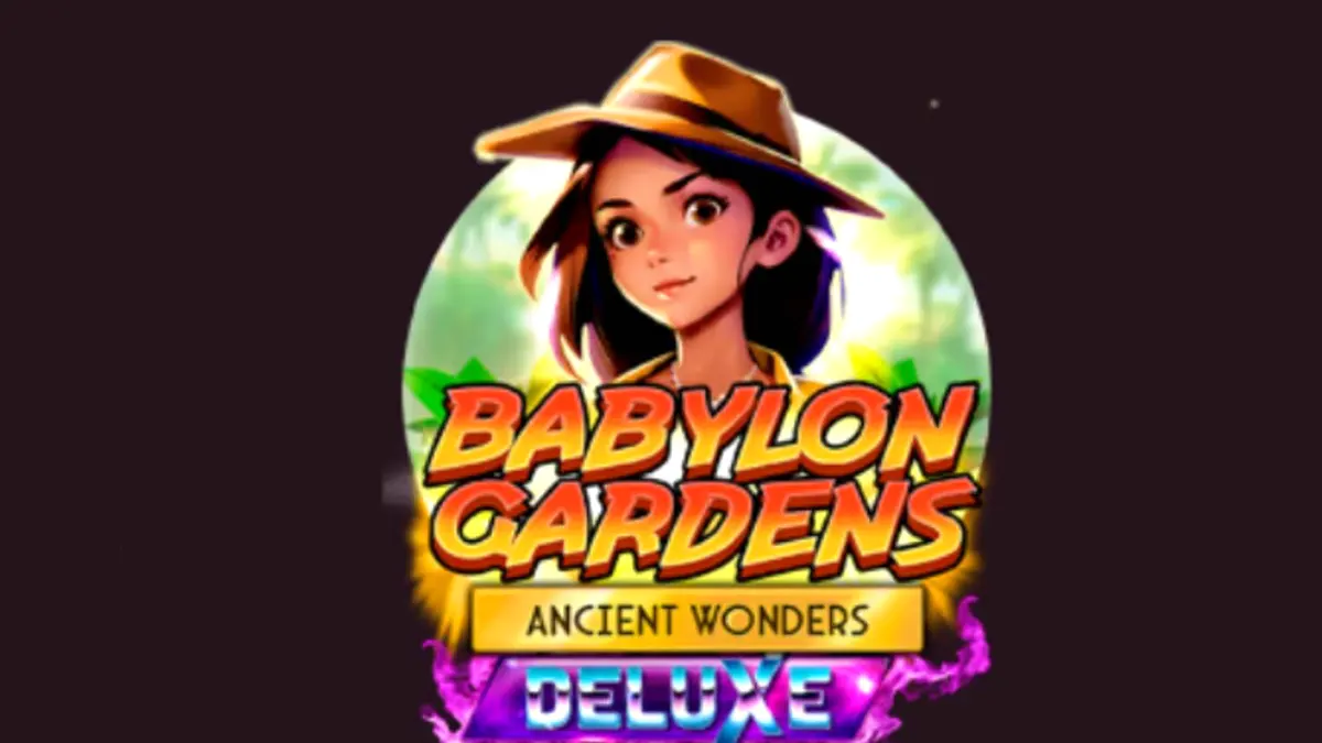 Pemandangan artistik reruntuhan kuno dan taman gantung dalam slot Babylon Gardens Ancient Wonders Deluxe